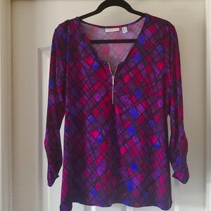 Susan Graver Liquid Knit Pullover, L/S, Multi-colored (Purple) print, L